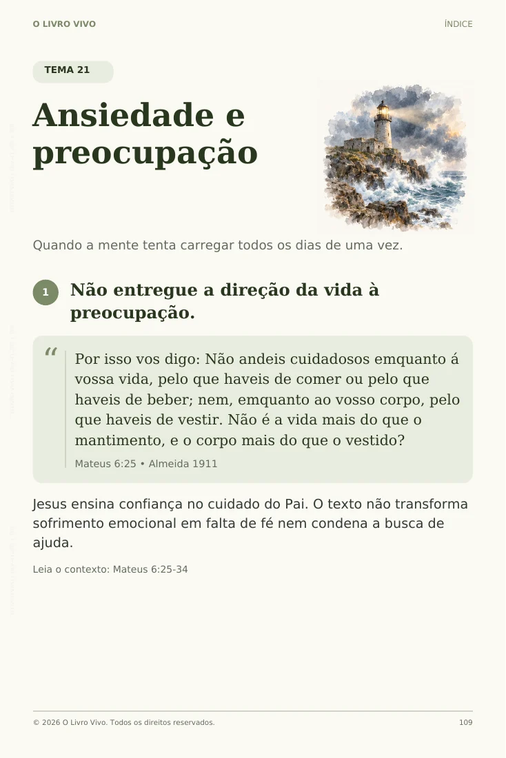 Página real 109: Ansiedade e preocupação, com conselho, citação de Mateus 6:25, explicação e contexto