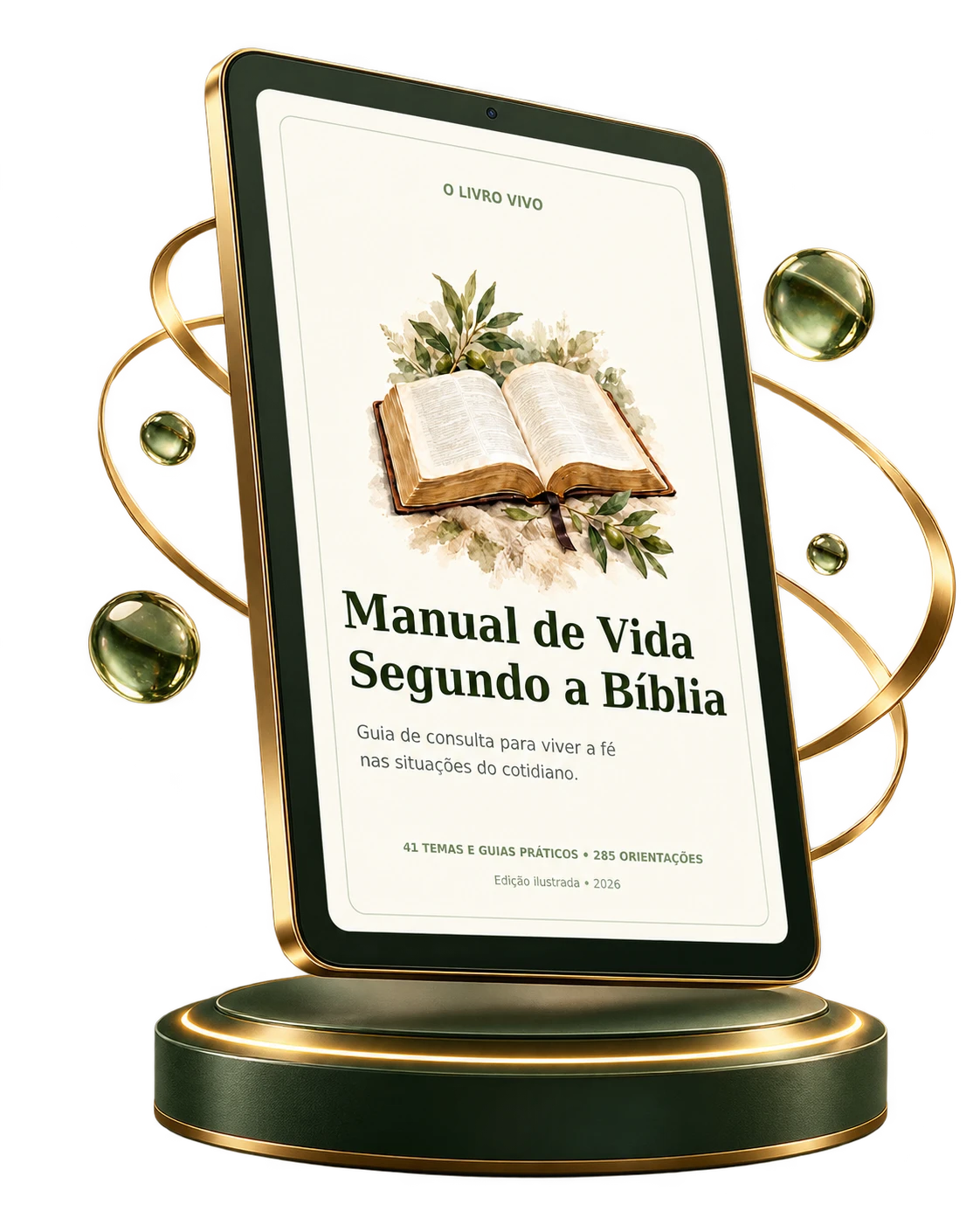 Mockup ilustrativo do Manual da Vida em tablet, com a capa do ebook, acabamento verde e dourado